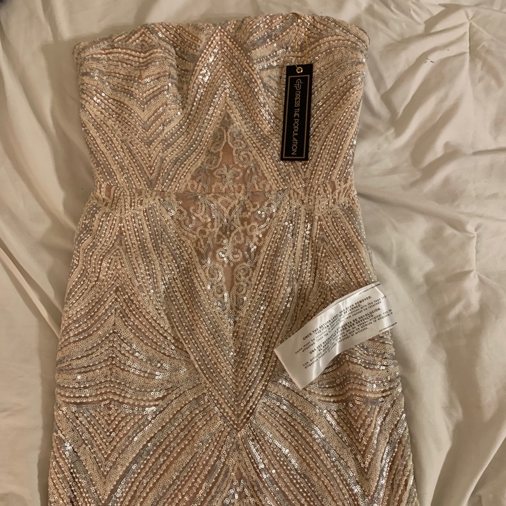 Long Beaded Nude Gown- Dress the Population